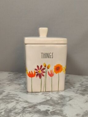 Rae Dunn " Things" White Square Ceramic Wildflower Design Container